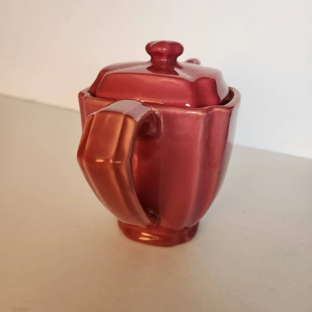 Vintage Hall China Square T-Ball Burgundy Ceramic Art Deco Cubic Design Tea Pot
